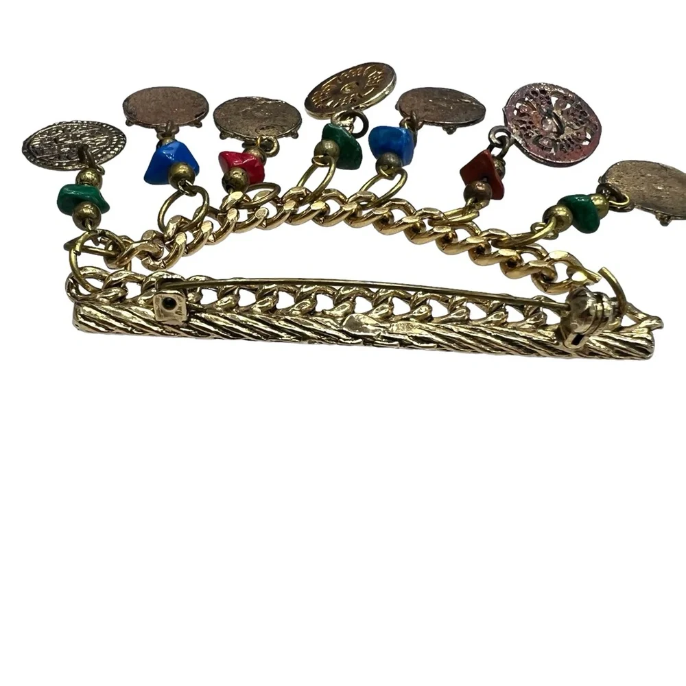 VINTAGE CHAIN BAR W CHAIN SWAG & COIN DANGLES W STONES - ETRUSCAN STYLE BROOCH